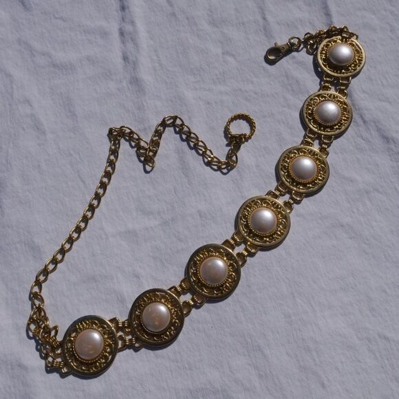 Vintage Harwill NY Faux Pearl Chain Belt - Picture 1 of 8